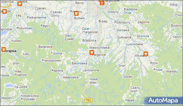 mapa Targanice, Targanice na mapie Targeo
