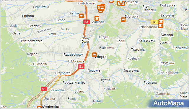 mapa Wieprz gmina Radziechowy-Wieprz, Wieprz gmina Radziechowy-Wieprz na mapie Targeo