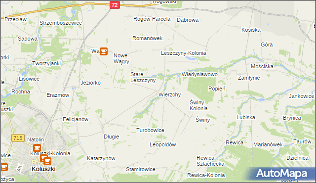 mapa Wierzchy gmina Koluszki, Wierzchy gmina Koluszki na mapie Targeo