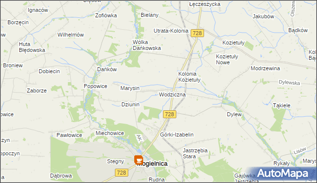 mapa Wodziczna gmina Mogielnica, Wodziczna gmina Mogielnica na mapie Targeo
