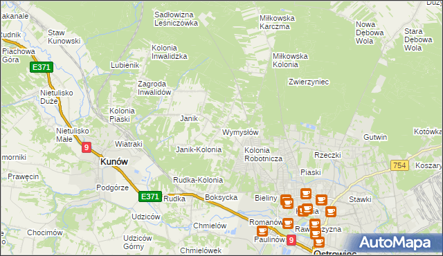 mapa Wymysłów gmina Kunów, Wymysłów gmina Kunów na mapie Targeo