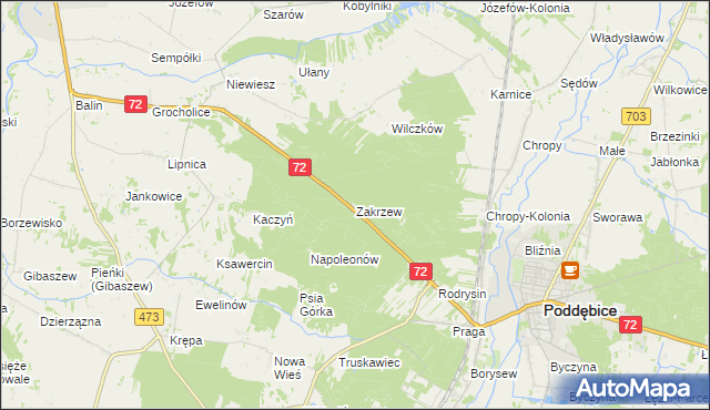 mapa Zakrzew gmina Poddębice, Zakrzew gmina Poddębice na mapie Targeo