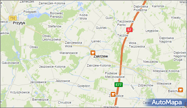 mapa Zakrzew powiat radomski, Zakrzew powiat radomski na mapie Targeo