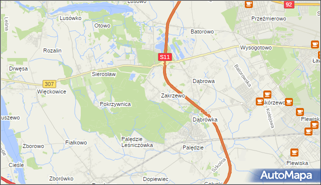 mapa Zakrzewo gmina Dopiewo, Zakrzewo gmina Dopiewo na mapie Targeo