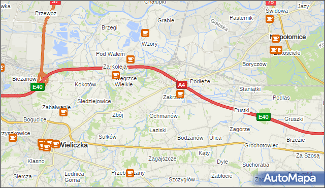 mapa Zakrzów gmina Niepołomice, Zakrzów gmina Niepołomice na mapie Targeo