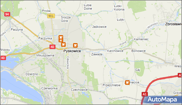 mapa Zawada gmina Zbrosławice, Zawada gmina Zbrosławice na mapie Targeo