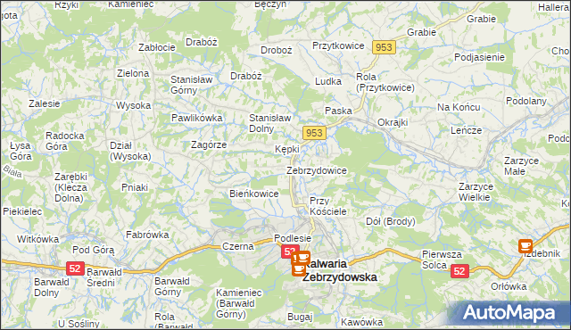 mapa Zebrzydowice gmina Kalwaria Zebrzydowska, Zebrzydowice gmina Kalwaria Zebrzydowska na mapie Targeo
