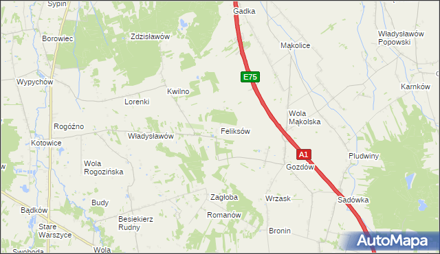 mapa Feliksów gmina Głowno, Feliksów gmina Głowno na mapie Targeo