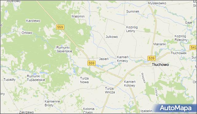 mapa Jasień gmina Tłuchowo, Jasień gmina Tłuchowo na mapie Targeo