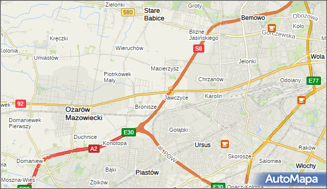 mapa Jawczyce gmina Ożarów Mazowiecki, Jawczyce gmina Ożarów Mazowiecki na mapie Targeo