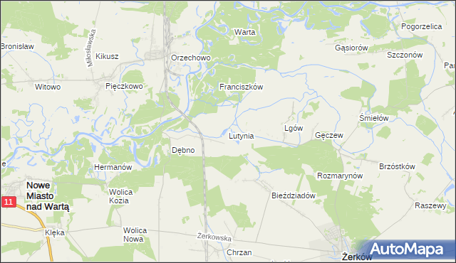 mapa Lutynia gmina Nowe Miasto nad Wartą, Lutynia gmina Nowe Miasto nad Wartą na mapie Targeo