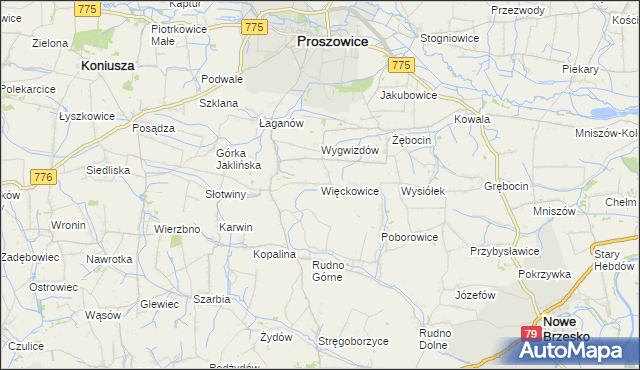 mapa Więckowice gmina Proszowice, Więckowice gmina Proszowice na mapie Targeo