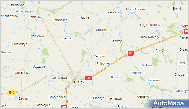 mapa Giżyno gmina Bielsk, Giżyno gmina Bielsk na mapie Targeo