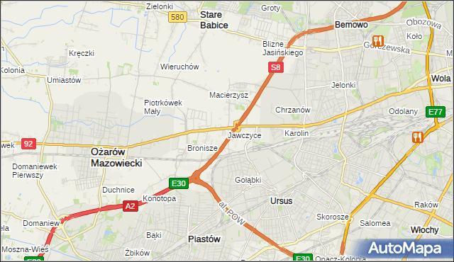 mapa Jawczyce gmina Ożarów Mazowiecki, Jawczyce gmina Ożarów Mazowiecki na mapie Targeo