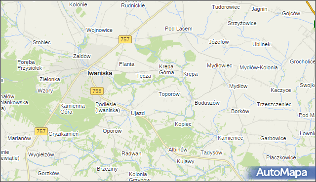 mapa Toporów gmina Iwaniska, Toporów gmina Iwaniska na mapie Targeo