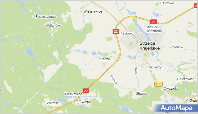 mapa Brzoza gmina Strzelce Krajeńskie, Brzoza gmina Strzelce Krajeńskie na mapie Targeo
