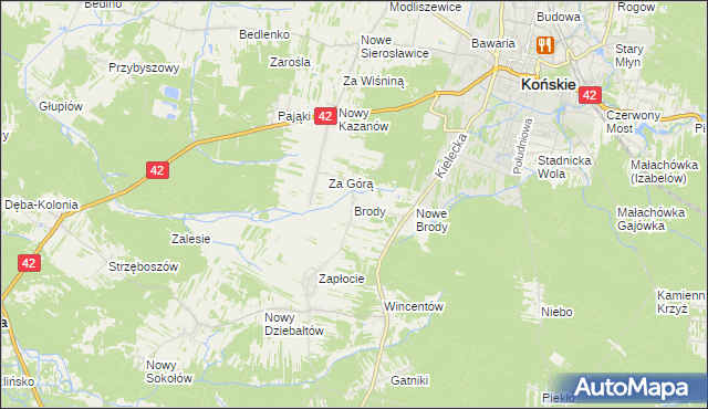 mapa Brody gmina Końskie, Brody gmina Końskie na mapie Targeo