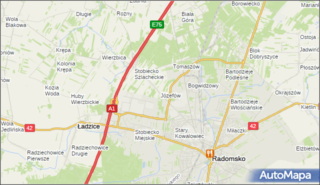 mapa Józefów gmina Ładzice, Józefów gmina Ładzice na mapie Targeo