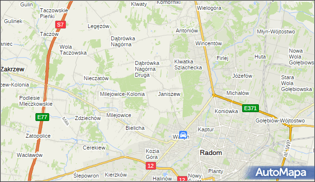 mapa Janiszew gmina Zakrzew, Janiszew gmina Zakrzew na mapie Targeo