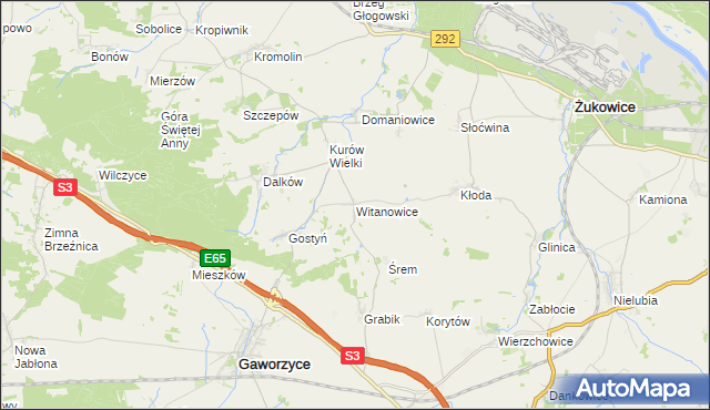 mapa Witanowice gmina Gaworzyce, Witanowice gmina Gaworzyce na mapie Targeo