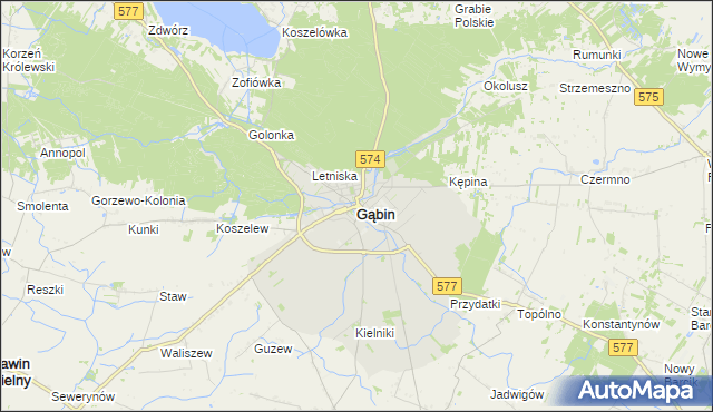 mapa Gąbin powiat płocki, Gąbin powiat płocki na mapie Targeo