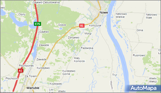 mapa Pastwiska gmina Nowe, Pastwiska gmina Nowe na mapie Targeo