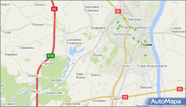 mapa Rokitki gmina Tczew, Rokitki gmina Tczew na mapie Targeo