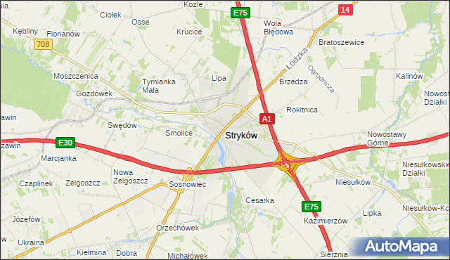 mapa Stryków powiat zgierski, Stryków powiat zgierski na mapie Targeo