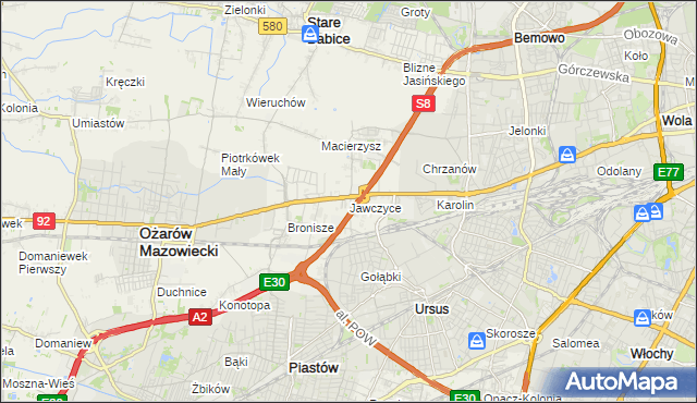 mapa Jawczyce gmina Ożarów Mazowiecki, Jawczyce gmina Ożarów Mazowiecki na mapie Targeo