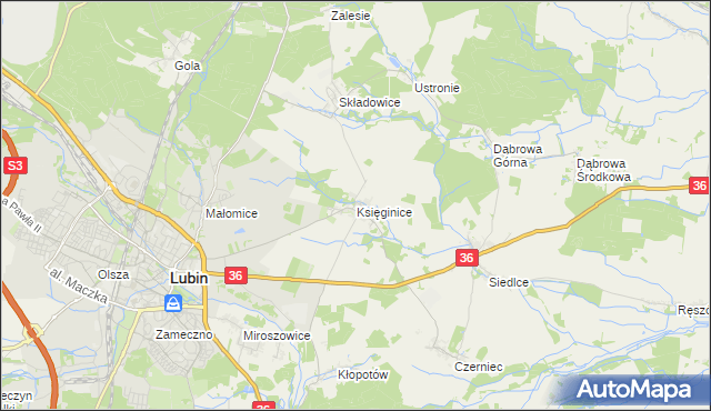 mapa Księginice gmina Lubin, Księginice gmina Lubin na mapie Targeo