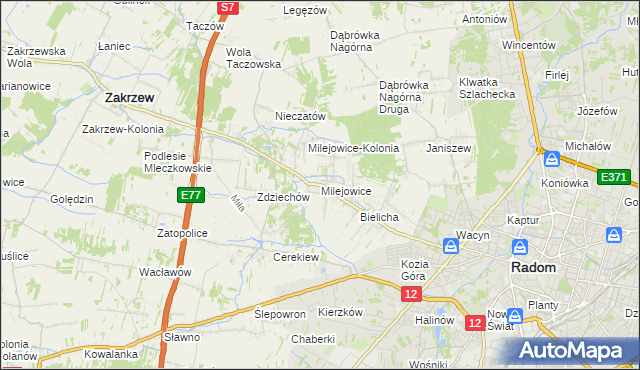 mapa Milejowice gmina Zakrzew, Milejowice gmina Zakrzew na mapie Targeo