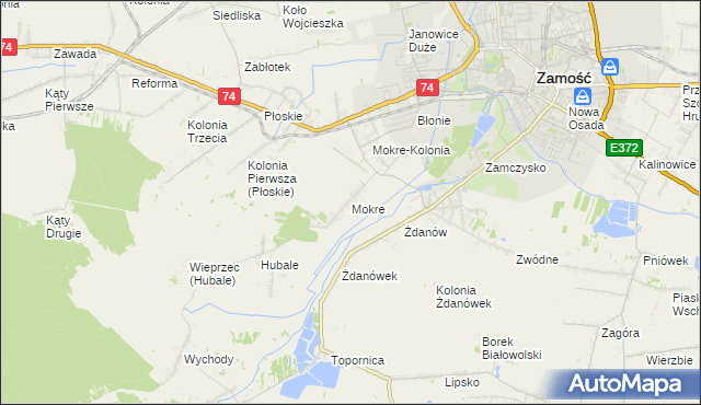 mapa Mokre gmina Zamość, Mokre gmina Zamość na mapie Targeo