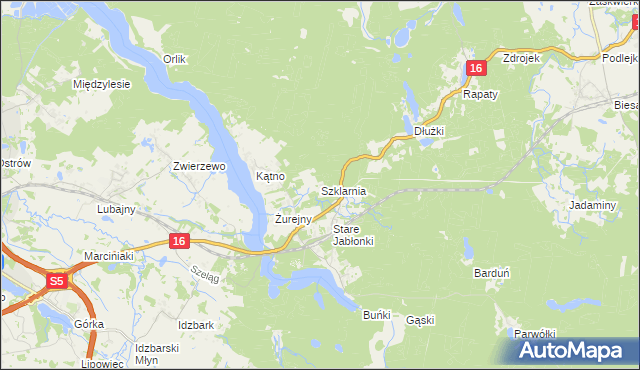 mapa Szklarnia gmina Ostróda, Szklarnia gmina Ostróda na mapie Targeo