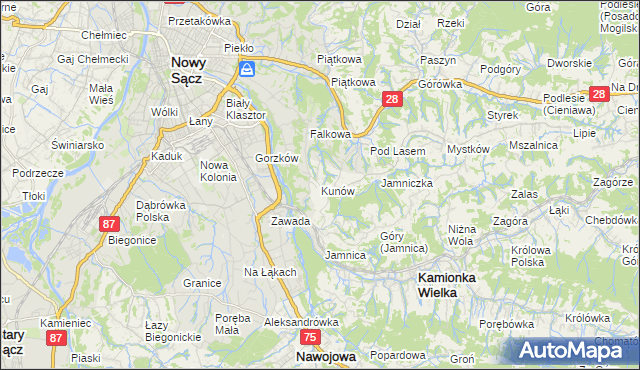 mapa Kunów gmina Chełmiec, Kunów gmina Chełmiec na mapie Targeo