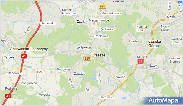 mapa Orzesze powiat mikołowski, Orzesze powiat mikołowski na mapie Targeo