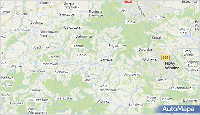 mapa Zawada gmina Bochnia, Zawada gmina Bochnia na mapie Targeo