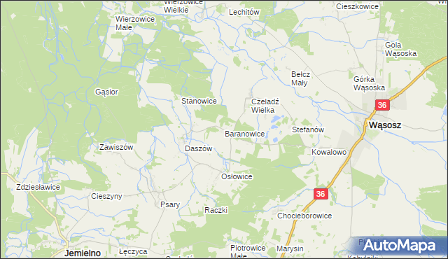 mapa Baranowice gmina Wąsosz, Baranowice gmina Wąsosz na mapie Targeo