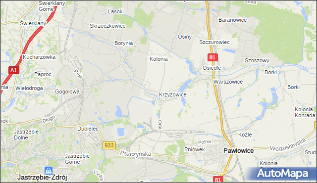 mapa Krzyżowice gmina Pawłowice, Krzyżowice gmina Pawłowice na mapie Targeo
