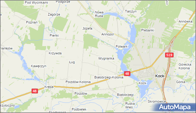 mapa Wygnanka gmina Kock, Wygnanka gmina Kock na mapie Targeo