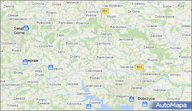 mapa Bieńkowice gmina Dobczyce, Bieńkowice gmina Dobczyce na mapie Targeo