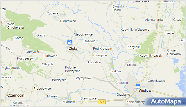 mapa Biskupice gmina Złota, Biskupice gmina Złota na mapie Targeo