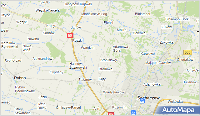 mapa Bronisławy gmina Sochaczew, Bronisławy gmina Sochaczew na mapie Targeo