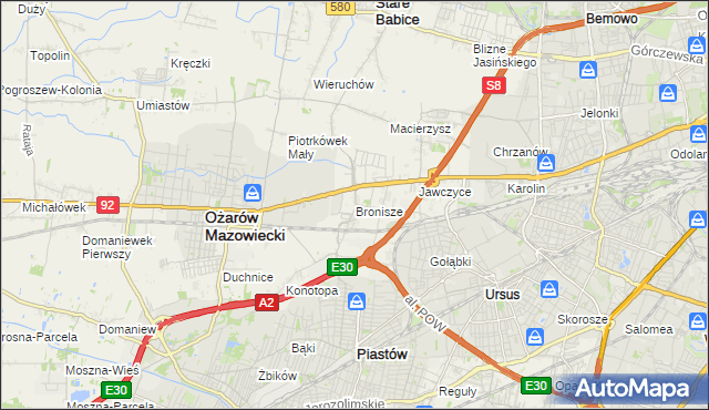 mapa Bronisze gmina Ożarów Mazowiecki, Bronisze gmina Ożarów Mazowiecki na mapie Targeo