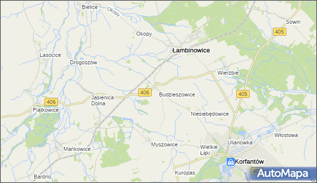 mapa Budzieszowice gmina Łambinowice, Budzieszowice gmina Łambinowice na mapie Targeo