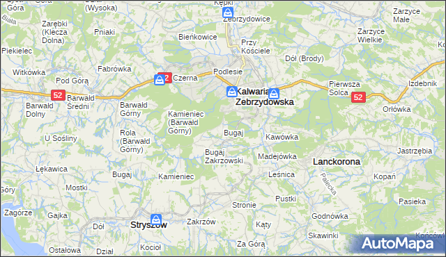 mapa Bugaj gmina Kalwaria Zebrzydowska, Bugaj gmina Kalwaria Zebrzydowska na mapie Targeo