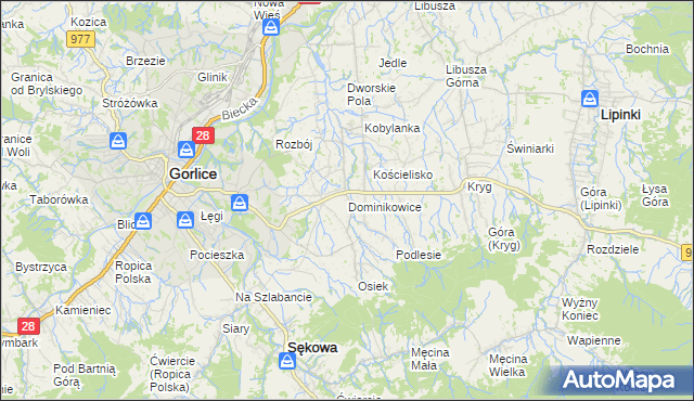 mapa Dominikowice gmina Gorlice, Dominikowice gmina Gorlice na mapie Targeo