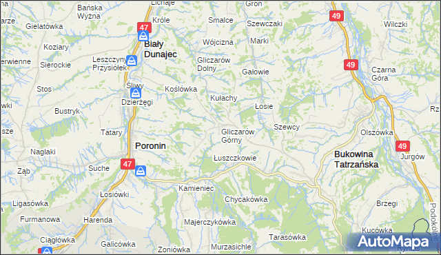 mapa Gliczarów Górny, Gliczarów Górny na mapie Targeo