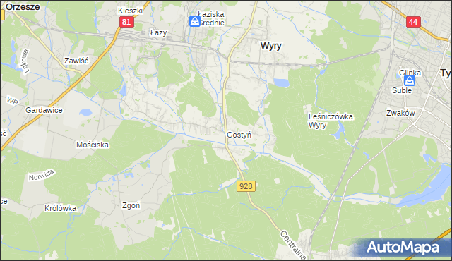 mapa Gostyń gmina Wyry, Gostyń gmina Wyry na mapie Targeo