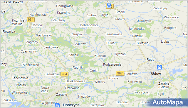 mapa Hucisko gmina Gdów, Hucisko gmina Gdów na mapie Targeo