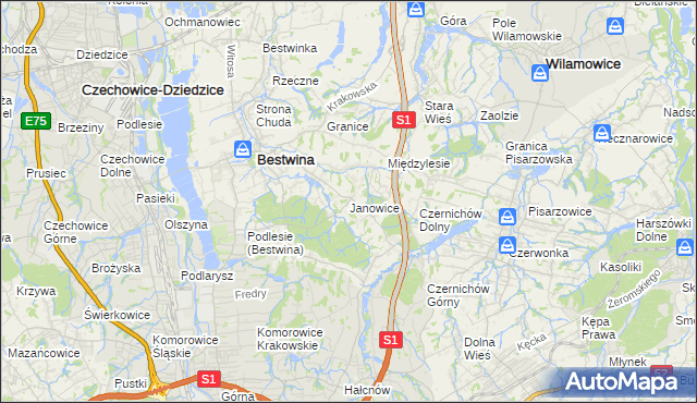 mapa Janowice gmina Bestwina, Janowice gmina Bestwina na mapie Targeo